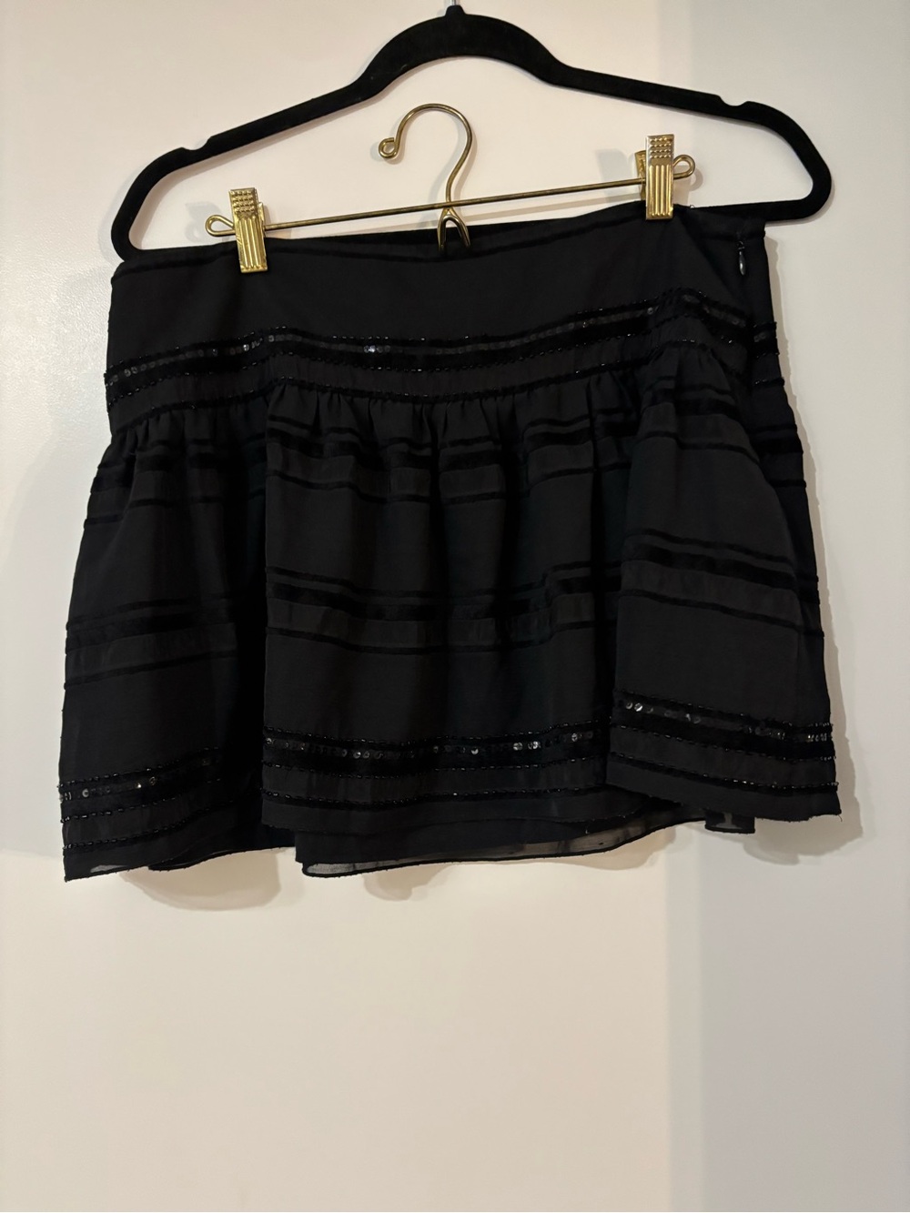 Black Sequin Velvet Trim Chiffon Tiered Mini Skirt